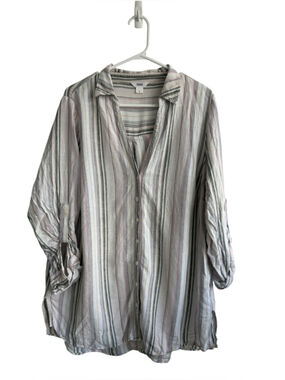 Penningtons Linen Blend Striped Popover Shirt Size X (14) Roll Tab Sleeve